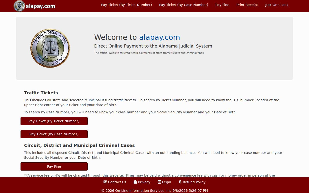 Official AlaPay court payment landing page
