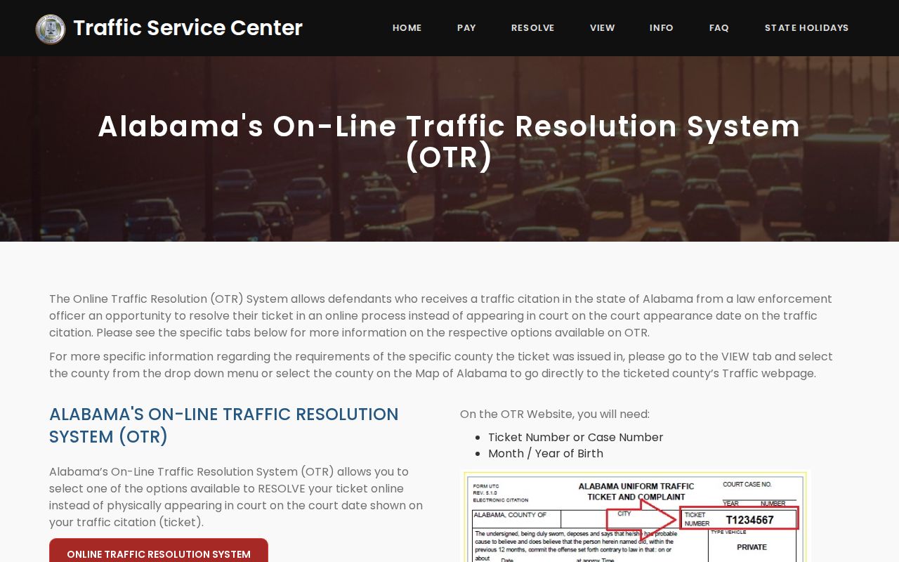 Alabama Online Traffic Resolution search and submission form